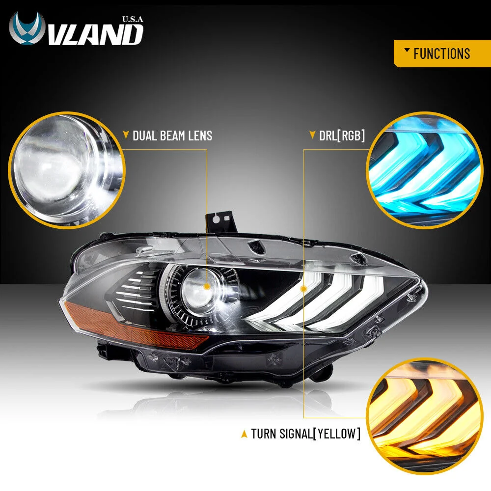 RGB LED Headlights For 2018-2023 Ford Mustang Color Change Front Lamps Sequential Turn - Image 6