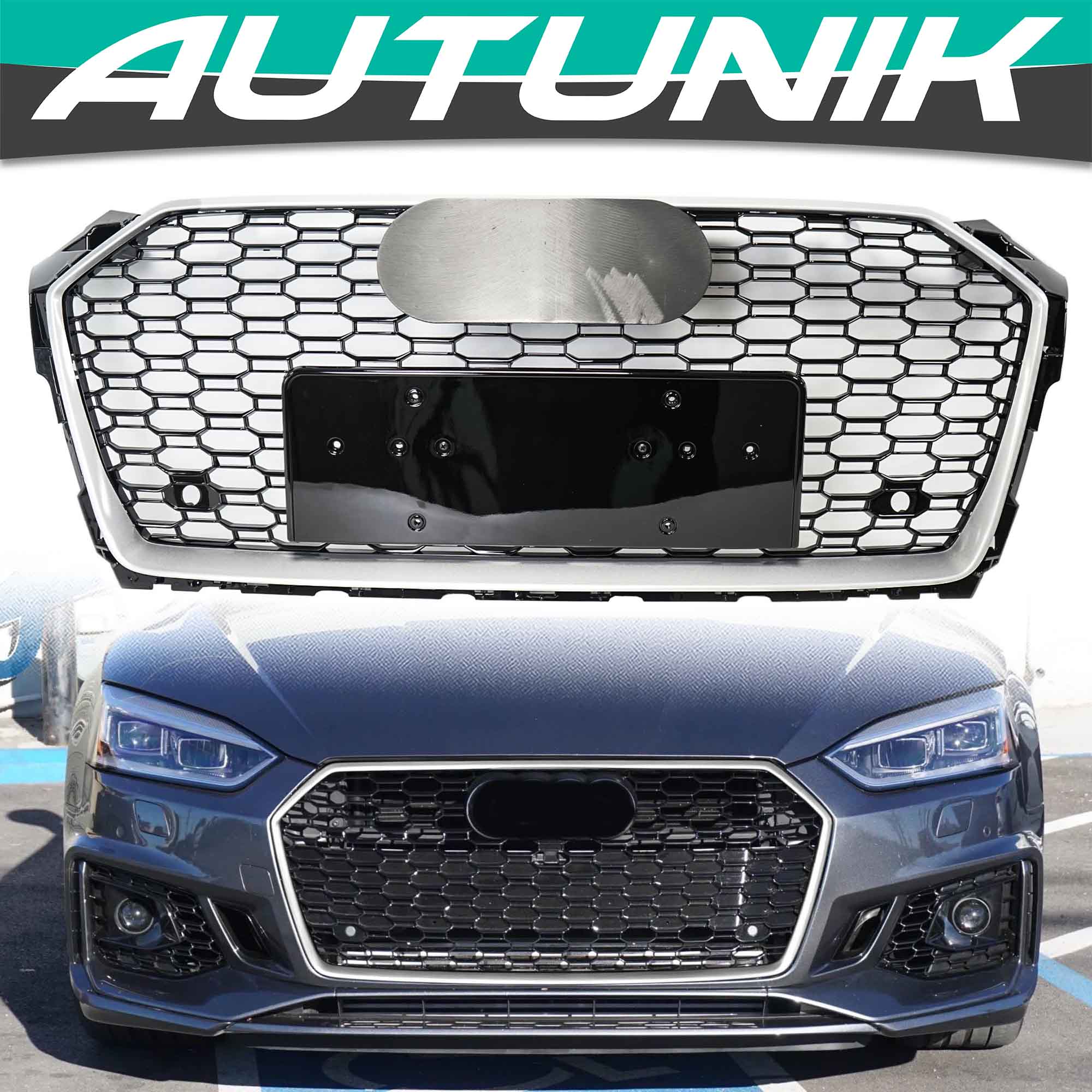 RS5 Style Honeycomb Front Mesh Grille Chrome for Audi A5 S5 B9 2017 2018 2019