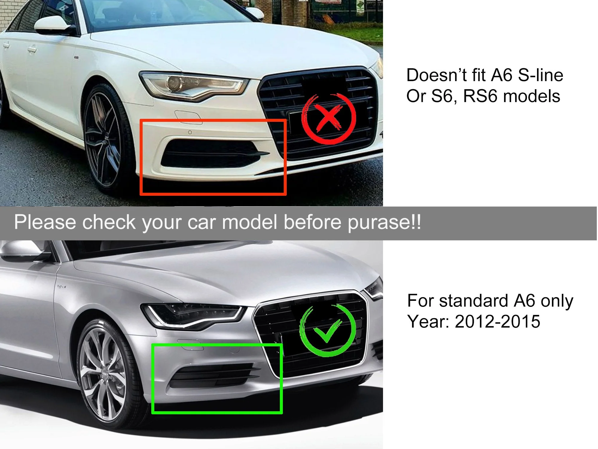 Pair Front Fog Light Cover Bezel Grille Grill Fit Audi A6 4G C7 2012-2015 NON S-LINE ONLY - Image 3