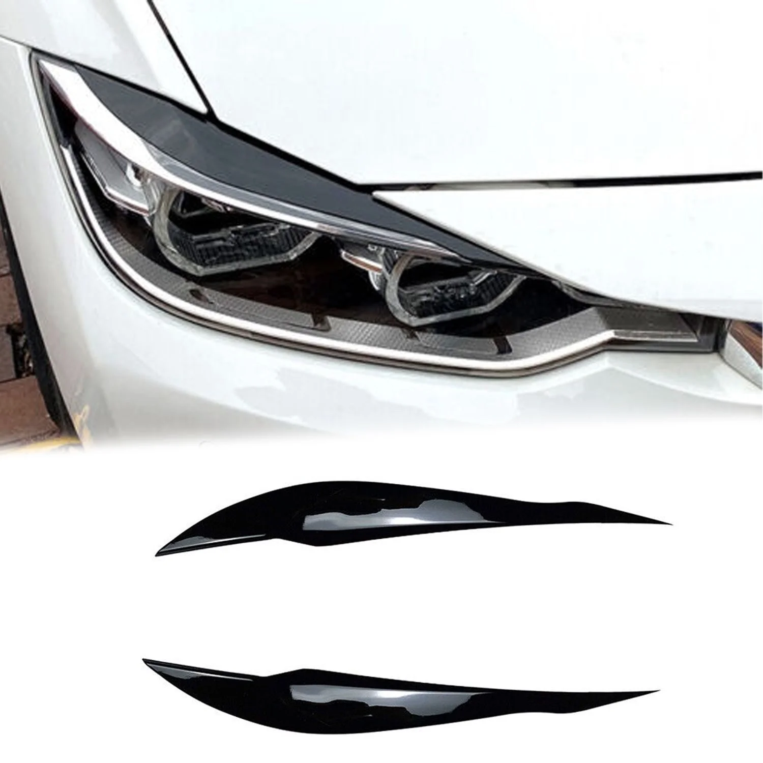 For 12-18 BMW 3-Series F30 Gloss Black Headlight Eyelid Cover Trim Eyebrow - Image 2