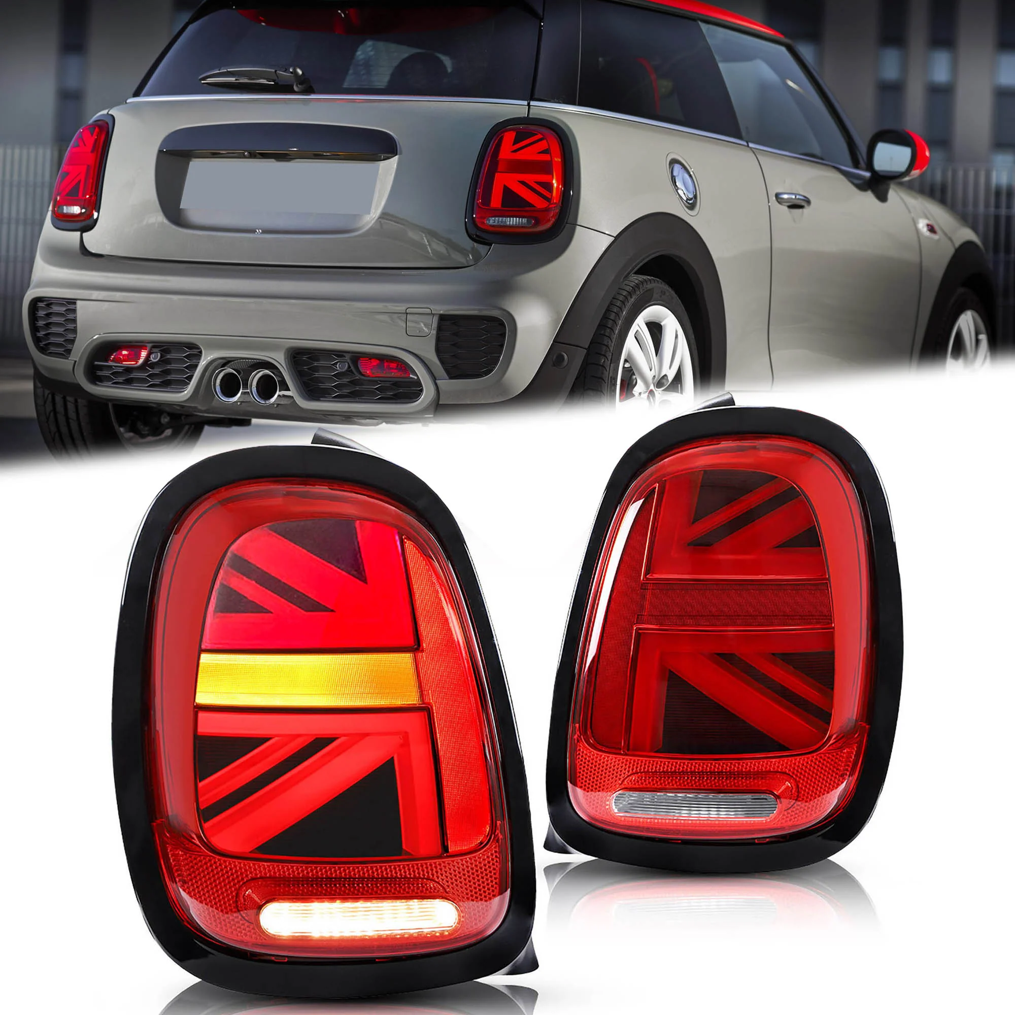 Red Led Tail Lights For 2014-22 Mini Cooper F55/56/57 Union Jack Rear Black Trim