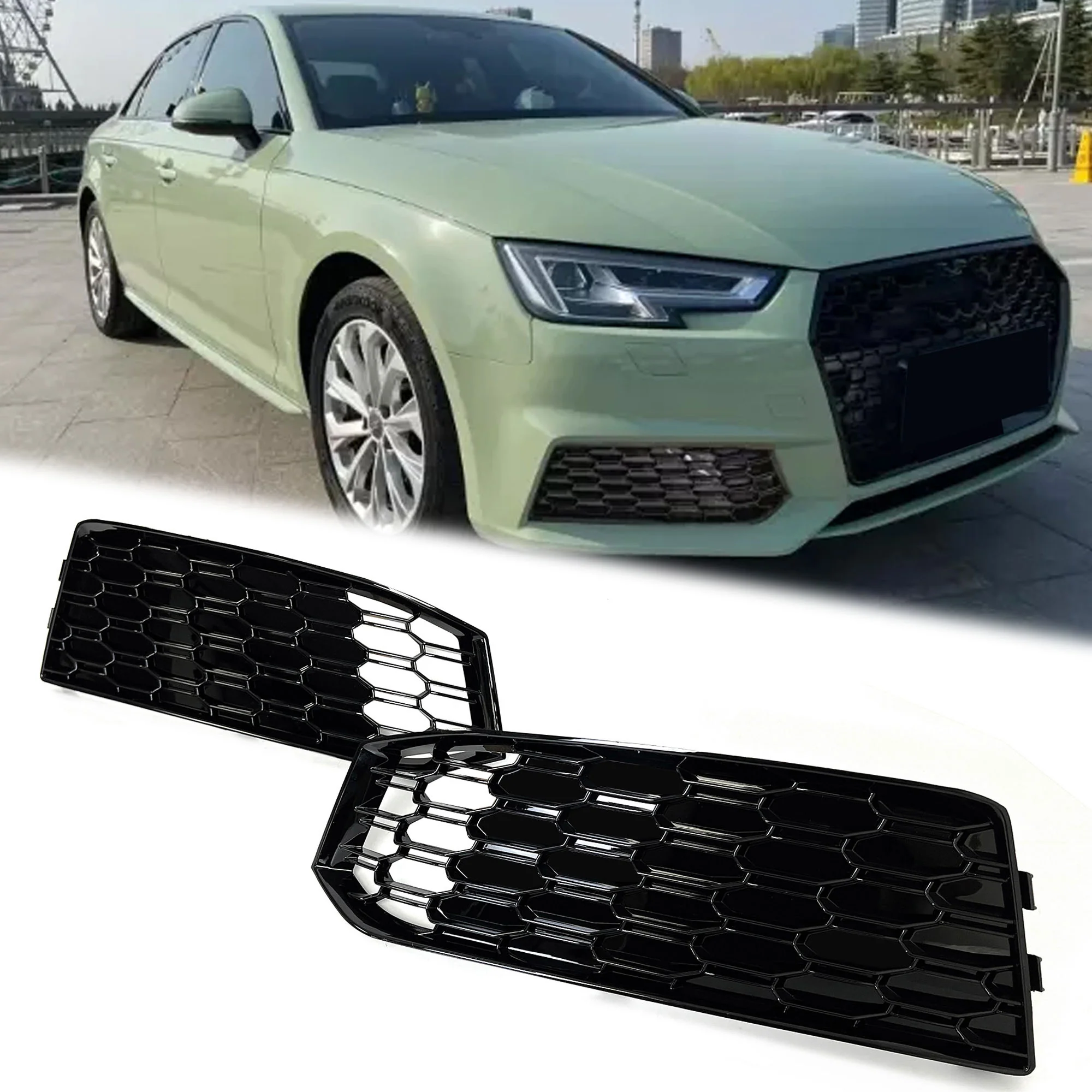 Pair For 2017 2018 2019 Audi A4 B9 S-line S4 Fog Light Grille Honeycomb Mesh Grill Cover
