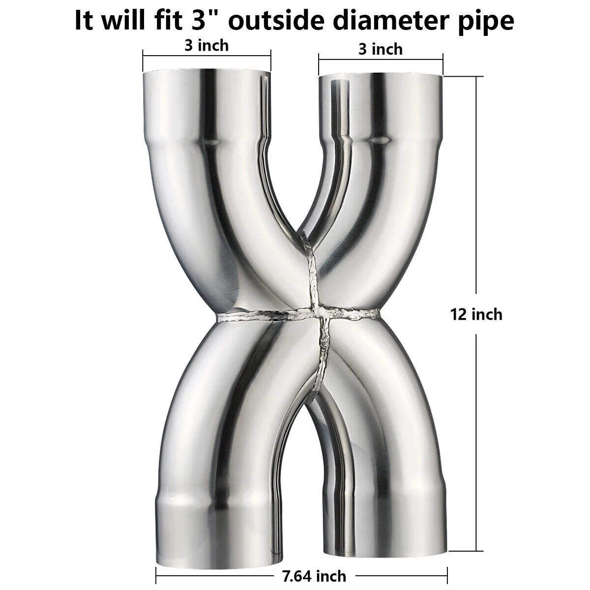 Welded X Pipe 3" Dual Inlet/Outlet Polished Exhaust X Pipe Stainless Steel Crossover Pipe - Image 2
