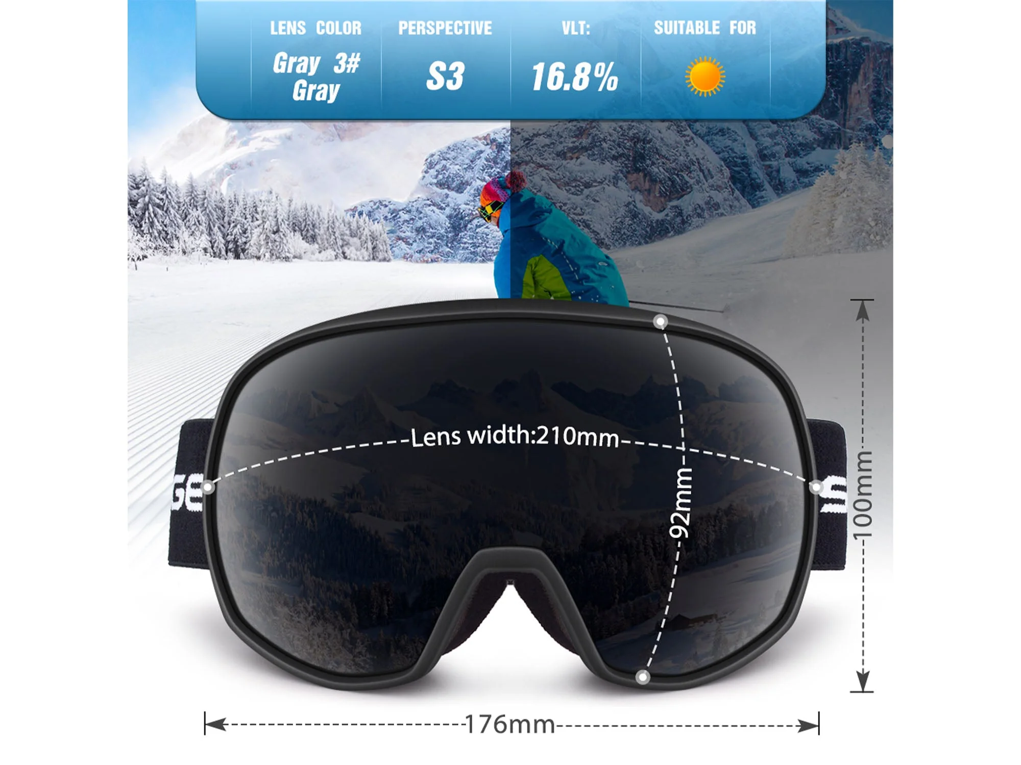 UV400 Sunglasses Eyeglasses Snow Ski Goggles Anti-Fog Spherical Lens Anti-slip OTG Design HB-09 - Image 18